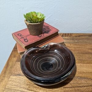 Murano Alfredo Barbini Silver Swirl Amber Root Beer Bowl VTG 1960's